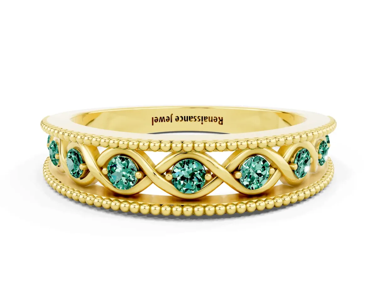 Round Green Sapphire Twist Milgrain Band with Bezel Setting Yellow gold