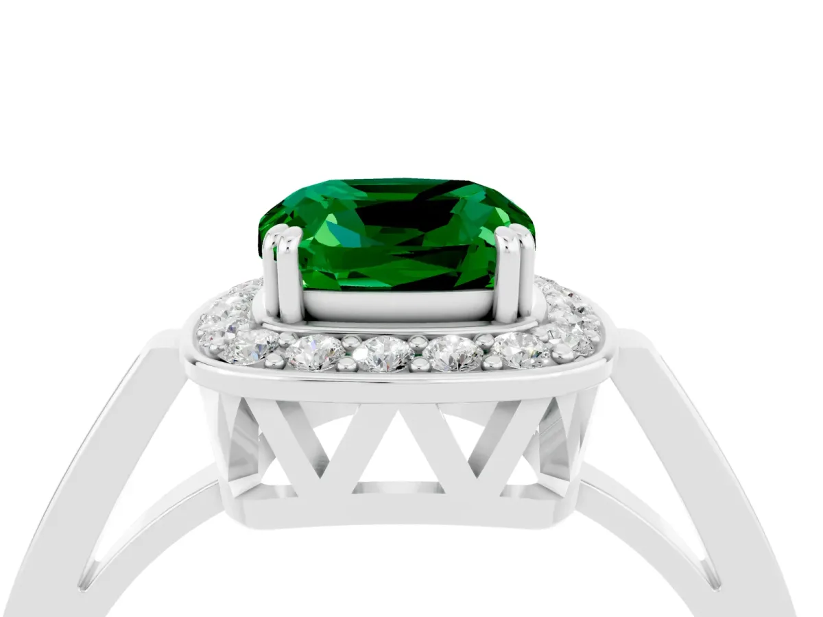 Cushion Cut Emerald Halo Ring with Split Shank and Four-Prong Setting White gold