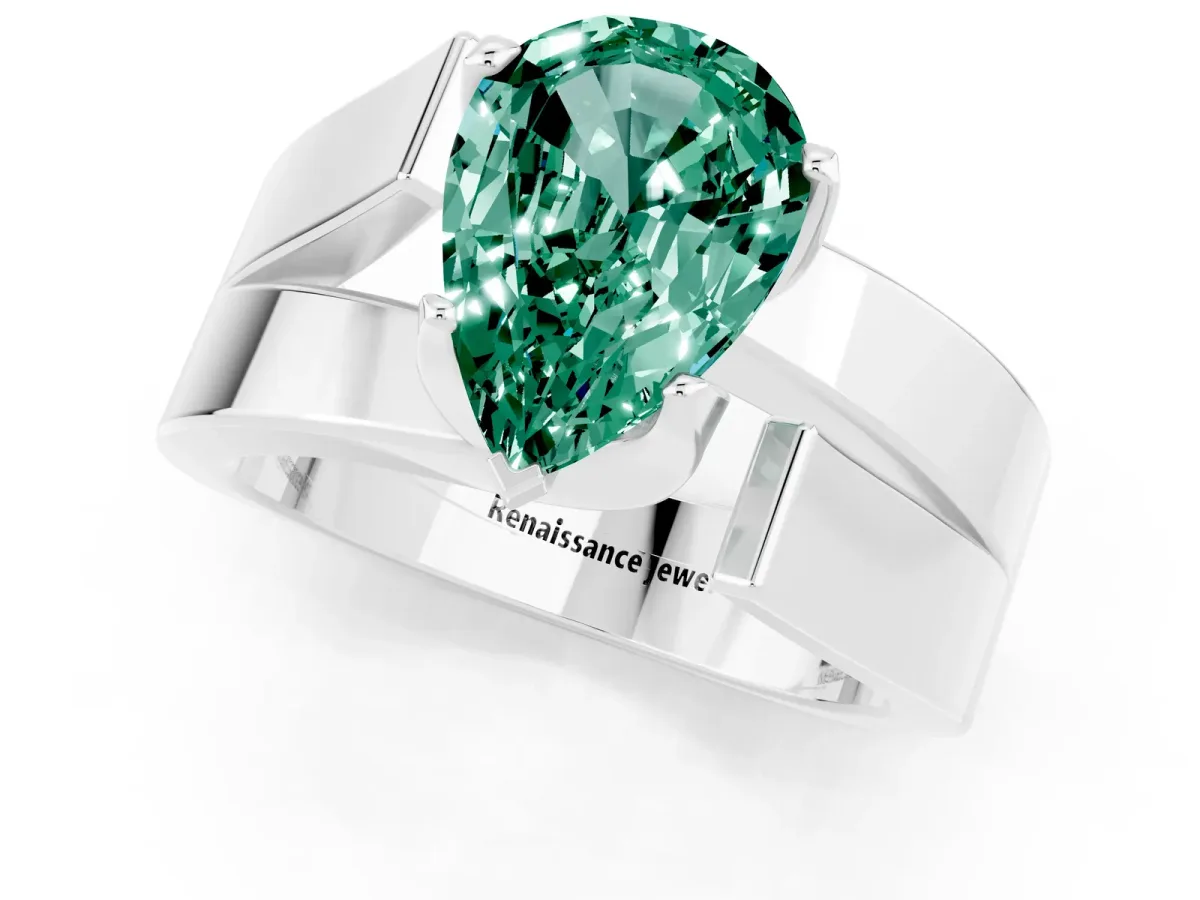 Modern Tension Set Pear Cut Green Sapphire Solitaire Wide Band Ring Silver