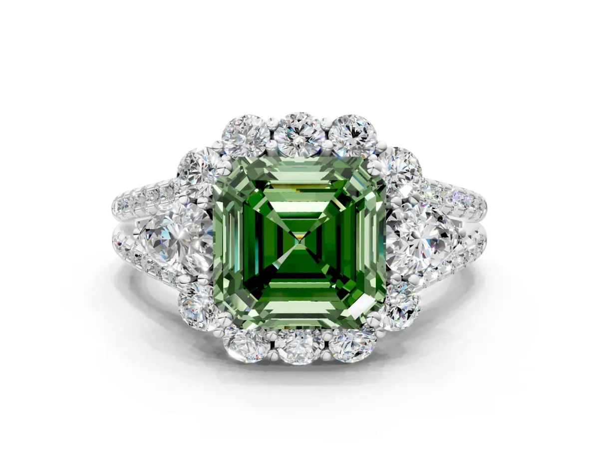 Fancy Green Asscher Cut Halo Split Shank Diamond Engagement Ring with Prong Setting Platinum