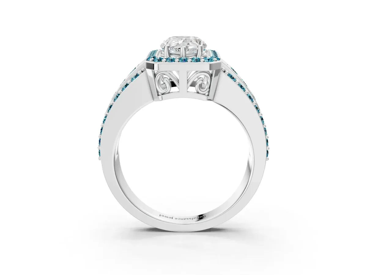 Pear Cut Halo Diamond Ring with Round Blue Topaz Split Shank and Prong Setting Platinum