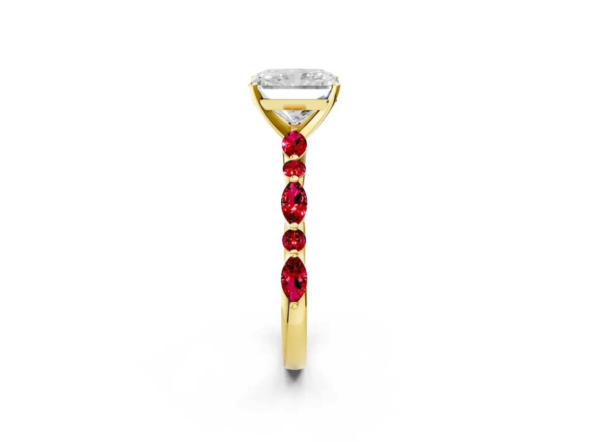 Radiant Cut Diamond Ring with Marquise and Round Ruby Side Stones and Four-Prong Setting Yellow gold