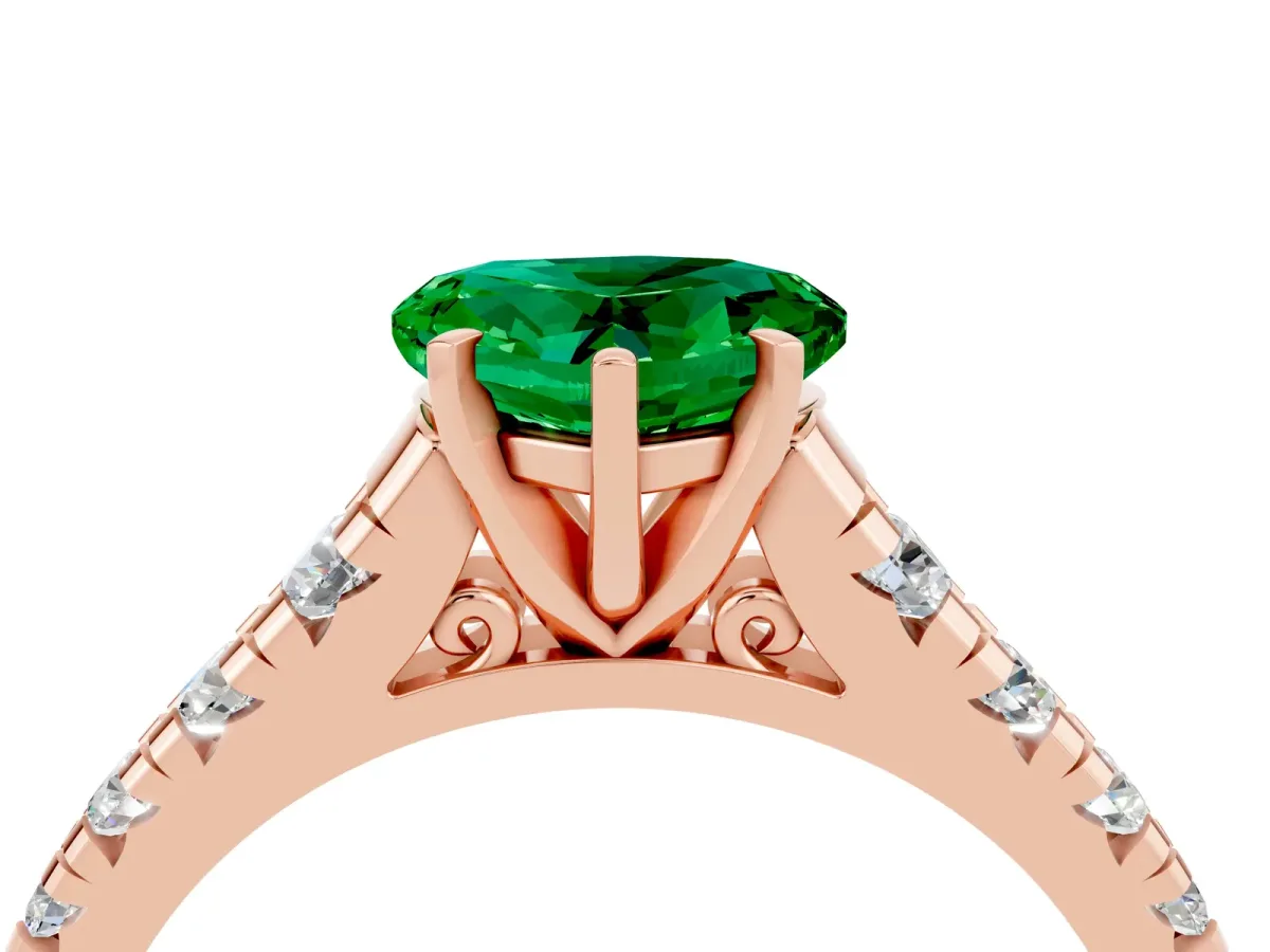 Heart Cut Emerald Cathedral Solitaire Ring with Round Pavé Band Rose gold