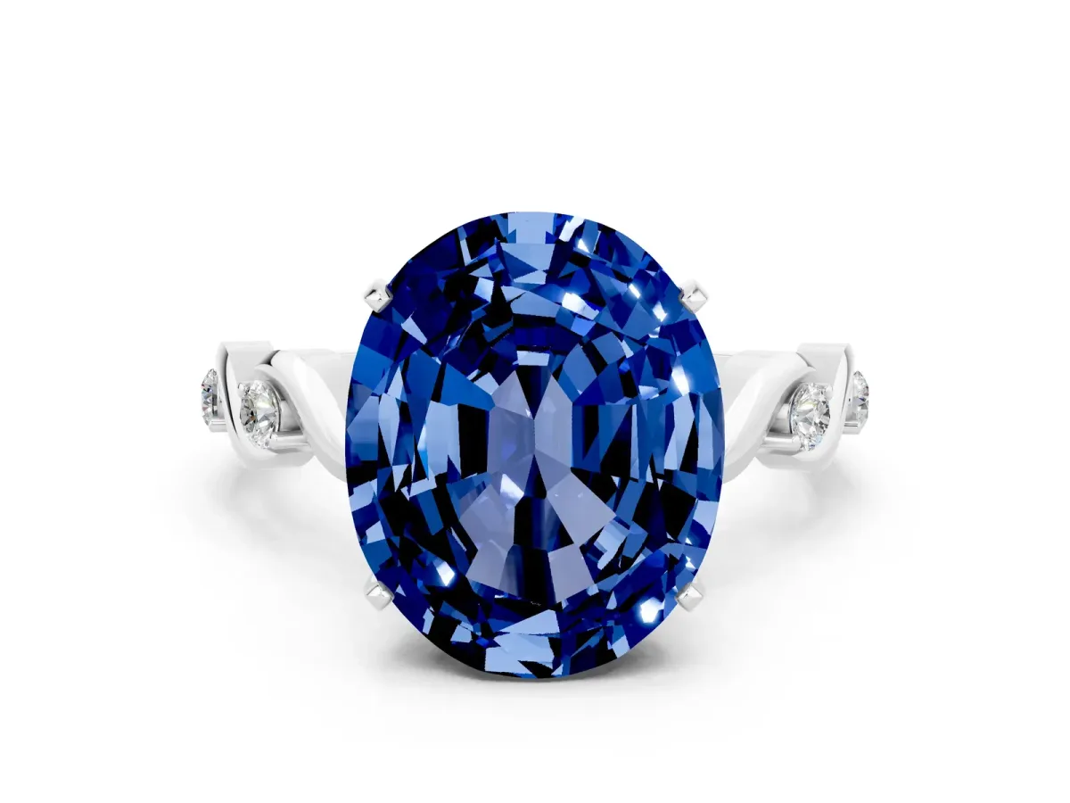 Oval Cut Blue Sapphire Solitaire Twisted Band with Round Accents and Prong Setting Silver