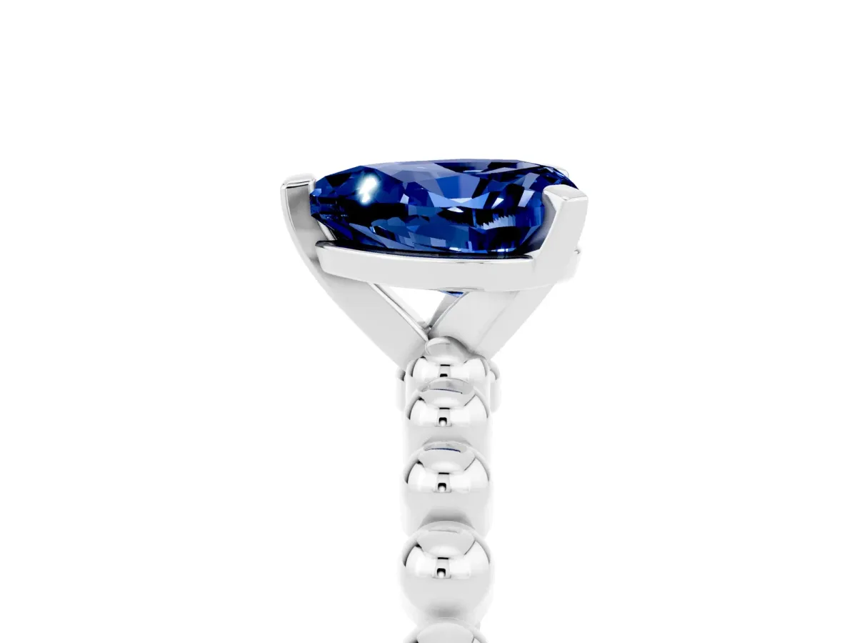 Heart Cut Blue Sapphire Solitaire Ring with Beaded Band and Prong Setting Silver