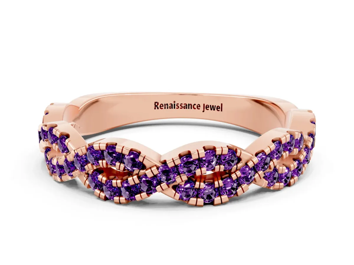 Round Amethyst Twisted Eternity Band with Pavé and Shared Prong Setting Rose gold