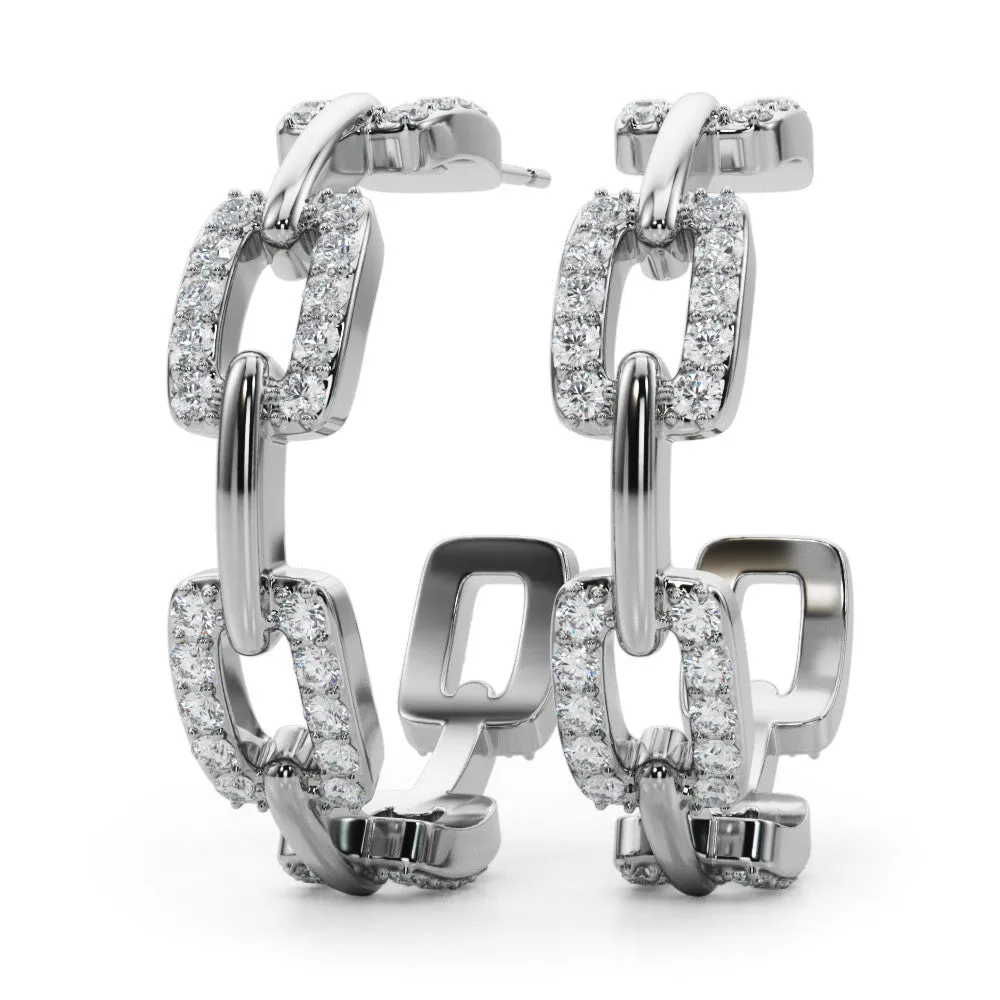 Pavé Round Diamond Link Hoop Earrings with Prong Setting White gold