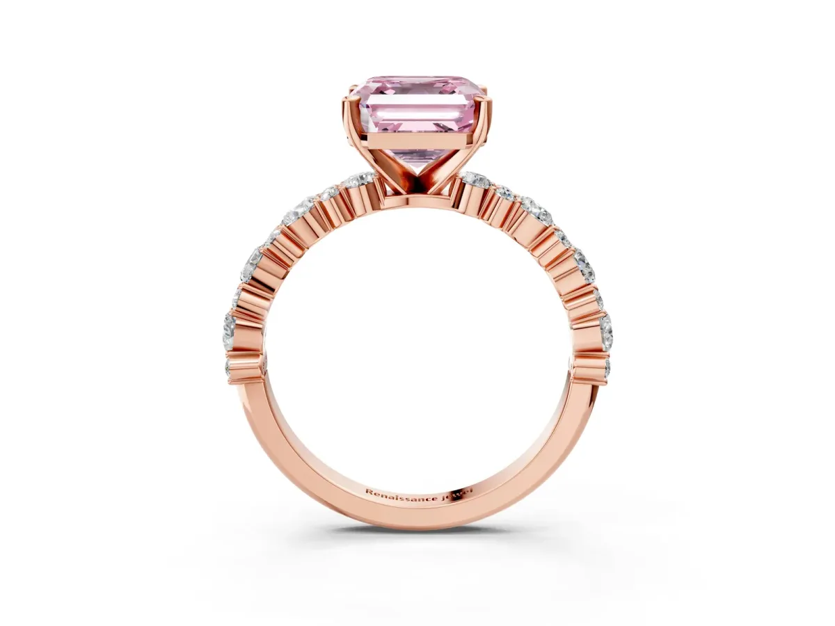 Fancy Pink Asscher Cut Diamond Side Stone Solitaire Ring with Round and Four-Prong Setting Rose gold