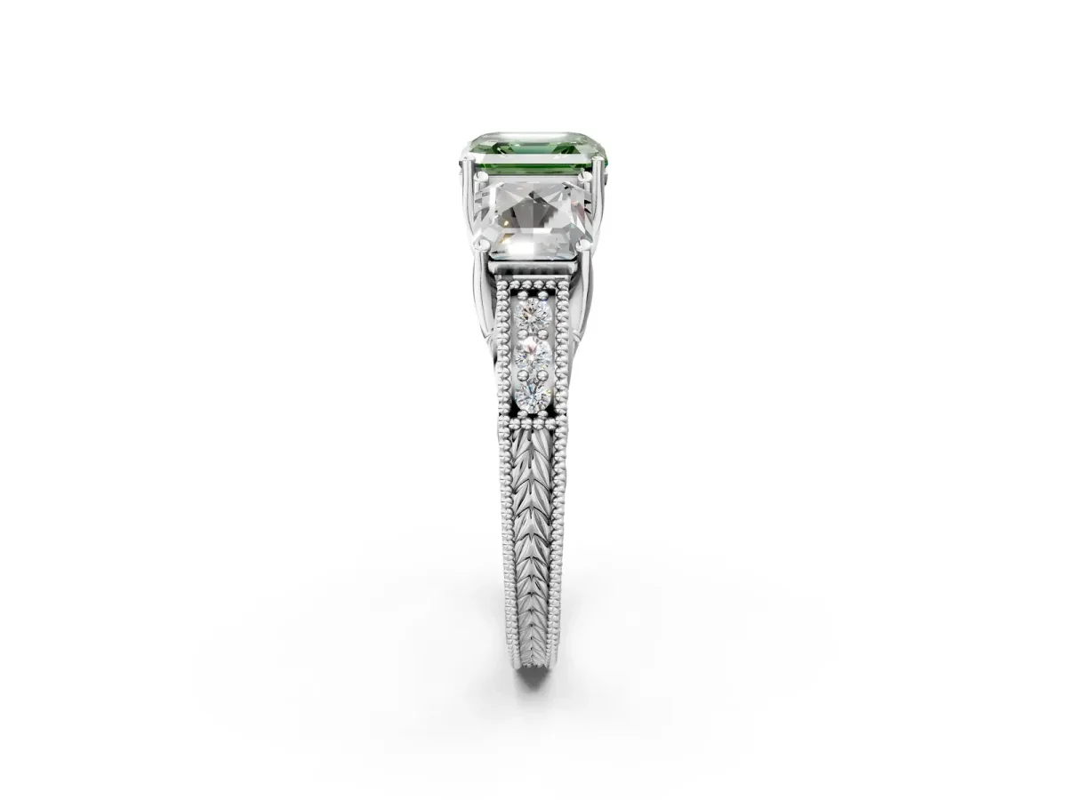 Fancy Green Three-Stone Asscher Cut Cut Milgrain Pavé Engagement Ring Platinum
