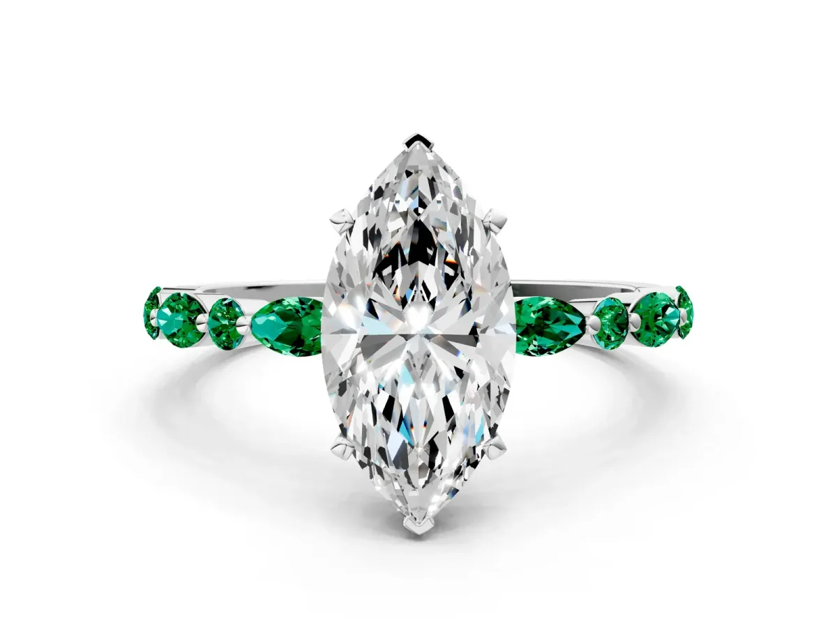 Marquise Cut Diamond Ring with Marquise and Round Emerald Side Stones and Four-Prong Setting Silver