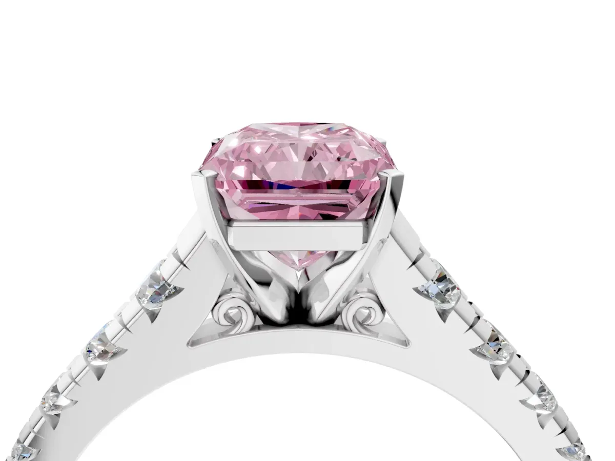 Fancy Pink Radiant Cut Diamond Cathedral Solitaire Ring with Round Pavé Band Silver