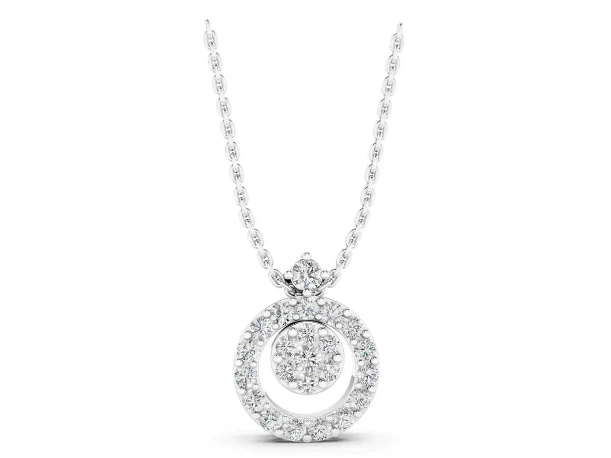 Round Halo Pavé Diamond Pendant with Four-Prong Setting White gold