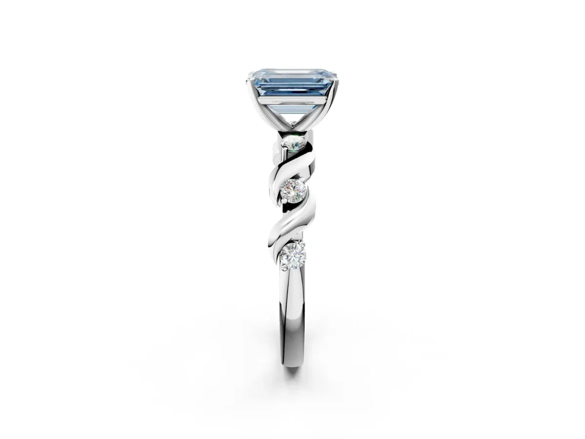 Fancy Blue Emerald Cut Diamond Solitaire Twisted Band with Round Accents and Prong Setting Silver