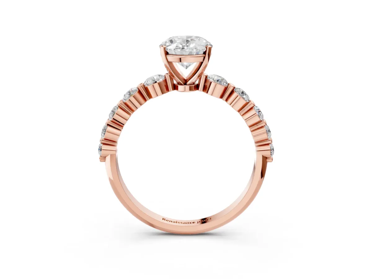Oval Cut Solitaire Diamond Ring with Pave Band and Four-Prong Setting Rose gold