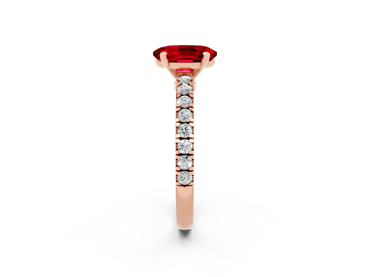 Oval Cut Solitaire Ruby with Pavé Band and Four-Prong Setting Rose gold