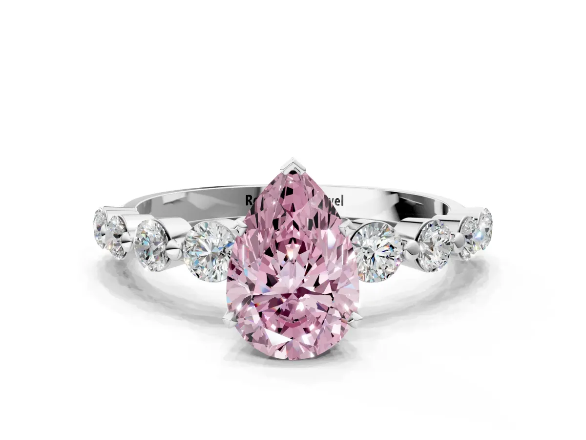 Fancy Pink Pear Cut Solitaire Diamond Ring with Pave Band and Four-Prong Setting Platinum
