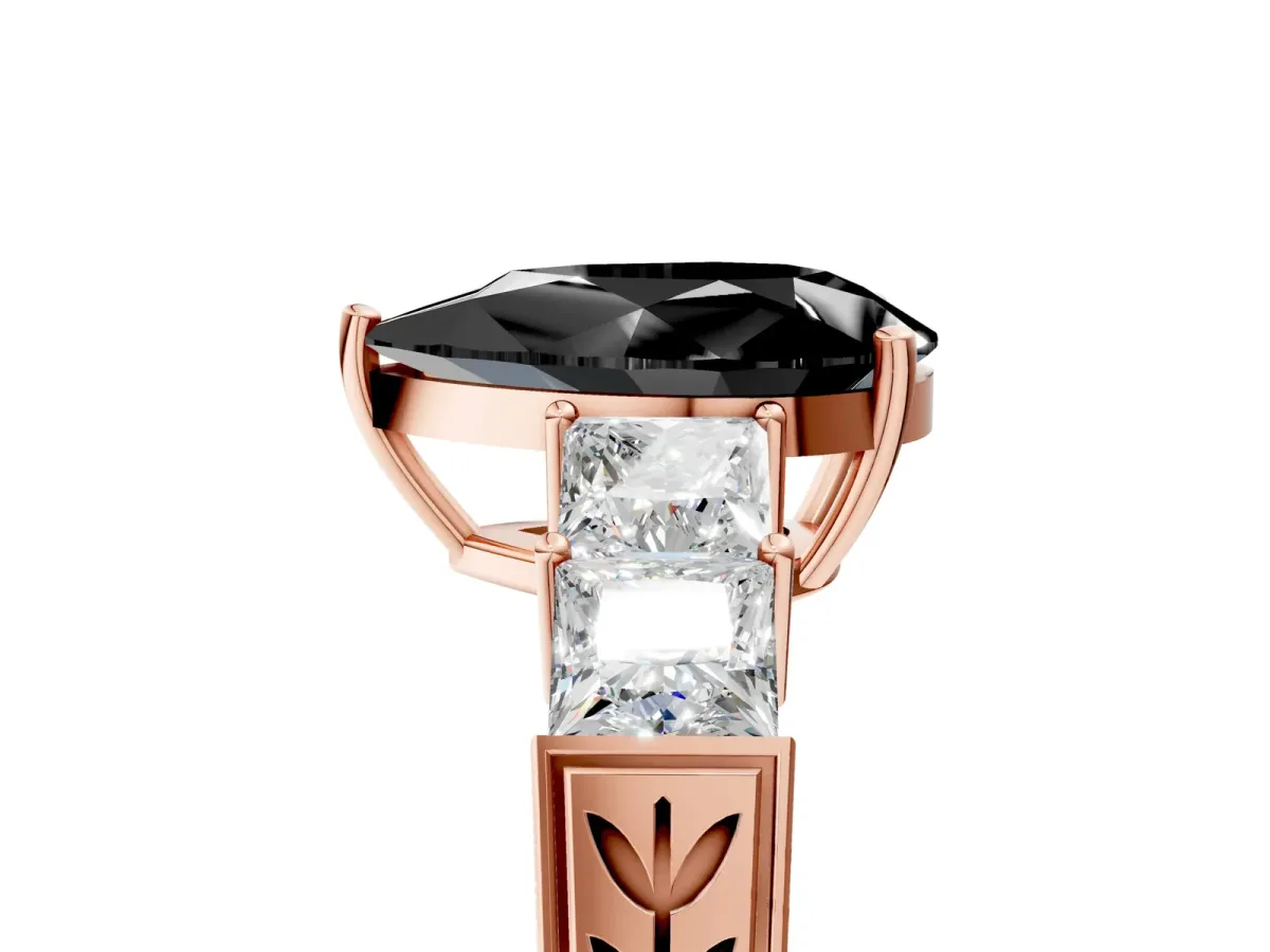 Fancy Black Pear Cut Solitaire Princess Side Stone Engraved Band Prong Setting Ring Rose gold