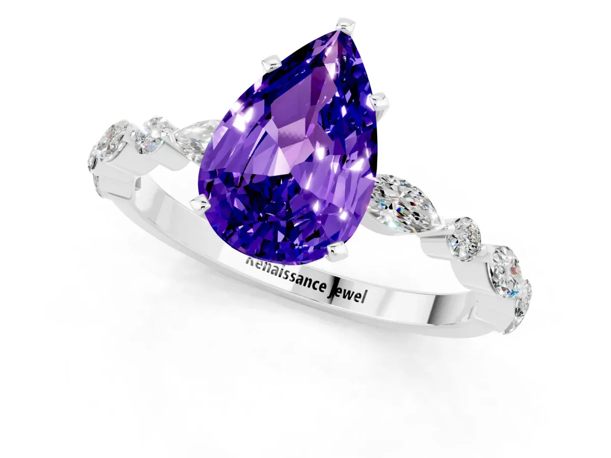 Pear Cut Tanzanite Ring with Marquise and Round Side Stones and Four-Prong Setting Silver