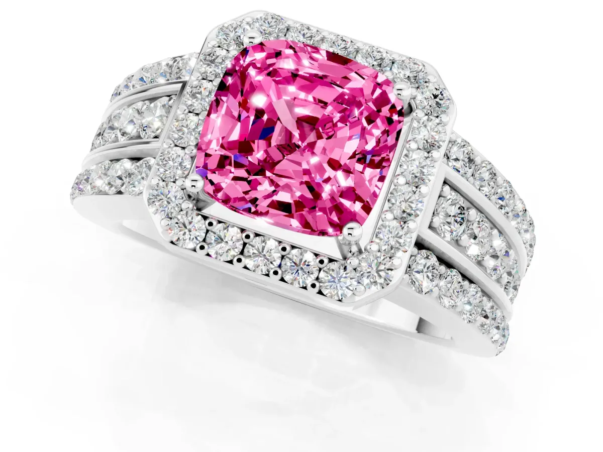 Cushion Cut Halo Pink Sapphire Ring with Round Split Shank and Prong Setting Platinum