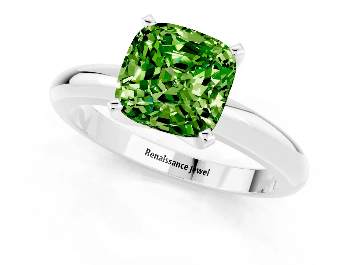 Cushion Cut Peridot Solitaire Engagement Ring with Round Band and Four-Prong Setting Silver