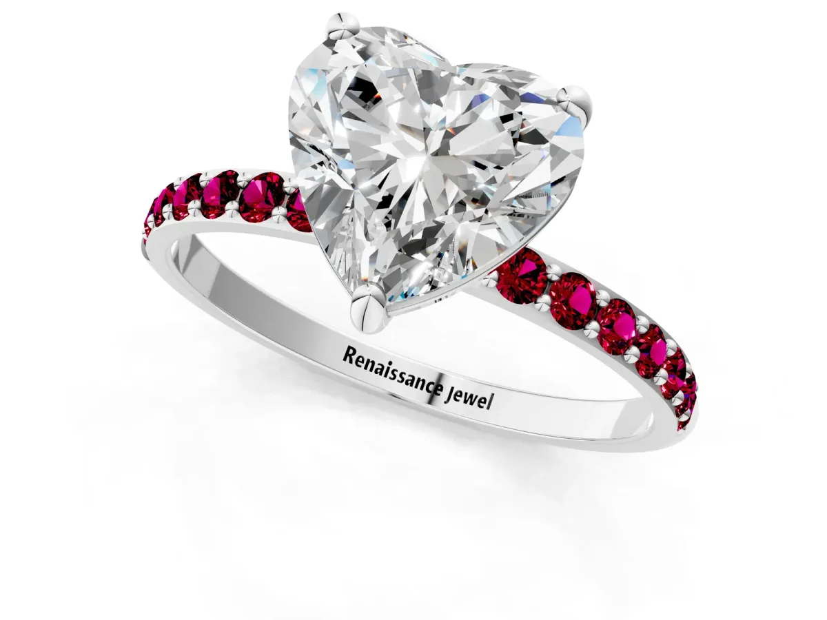 Heart Cut Diamond Solitaire Ring with Round Garnet Pavé Band and Prong Setting Silver
