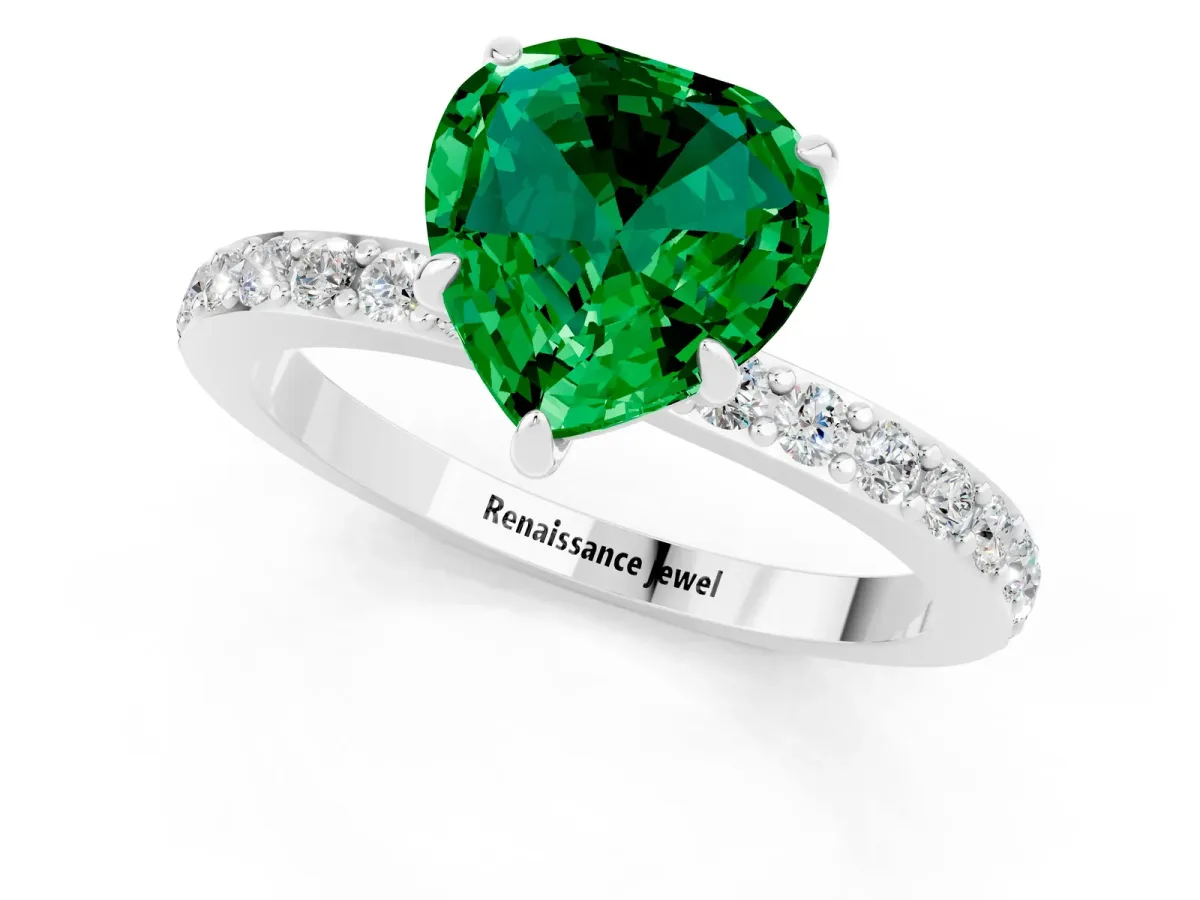 Heart Cut Emerald Solitaire Engagement Ring with Pavé Band and Four-Prong Setting Silver