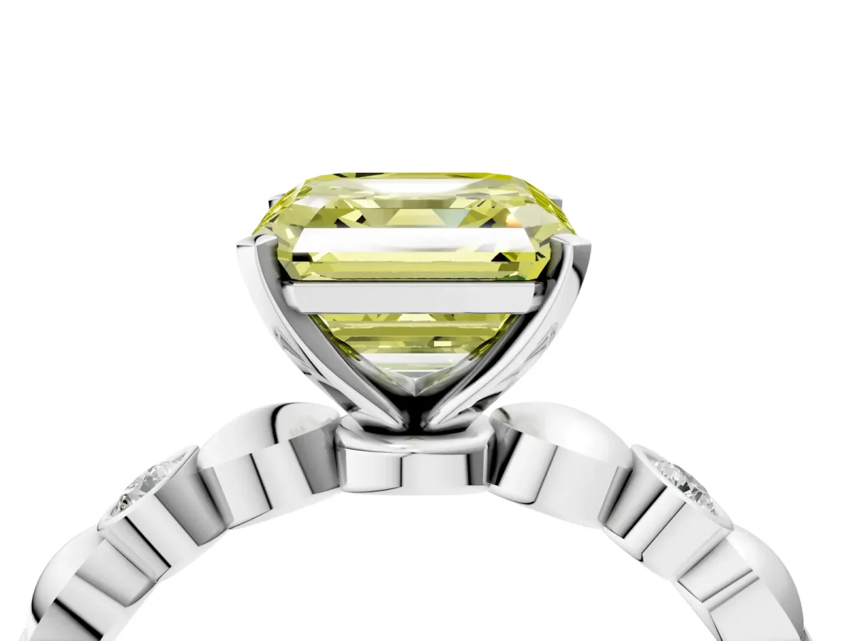 Fancy Yellow Asscher Cut Solitaire Bezel-Set Diamond Ring with Beaded Band and Four-Prong Setting Platinum