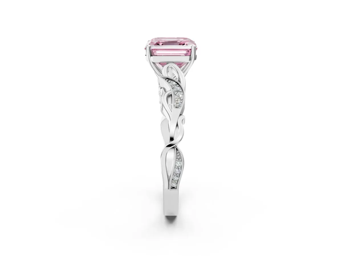 Fancy Pink Asscher Cut Solitaire Vine Band with Milgrain Prong Setting Platinum