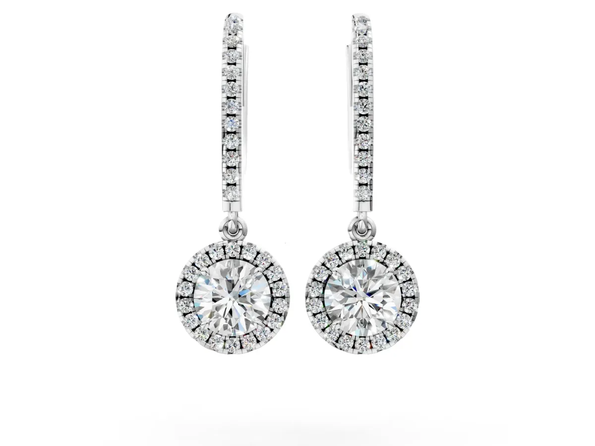 Round Cut Diamond Halo Drop Earrings with Pavé Hoop Silver
