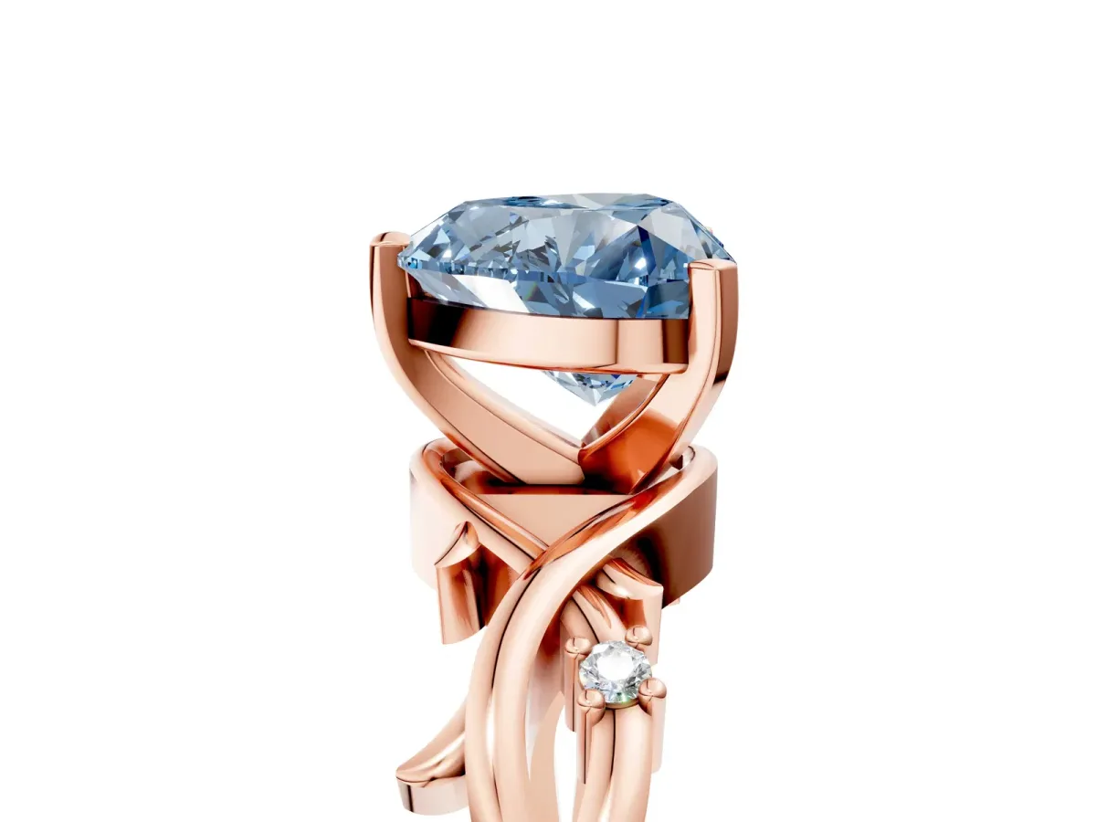 Fancy Blue Heart Cut Diamond Solitaire Ring with Twisted Band and Prong Setting Rose gold