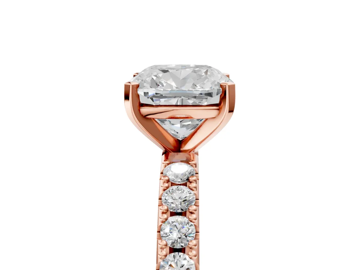 Cushion Cut Diamond Solitaire Pavé Band with Four-Prong Setting Rose gold