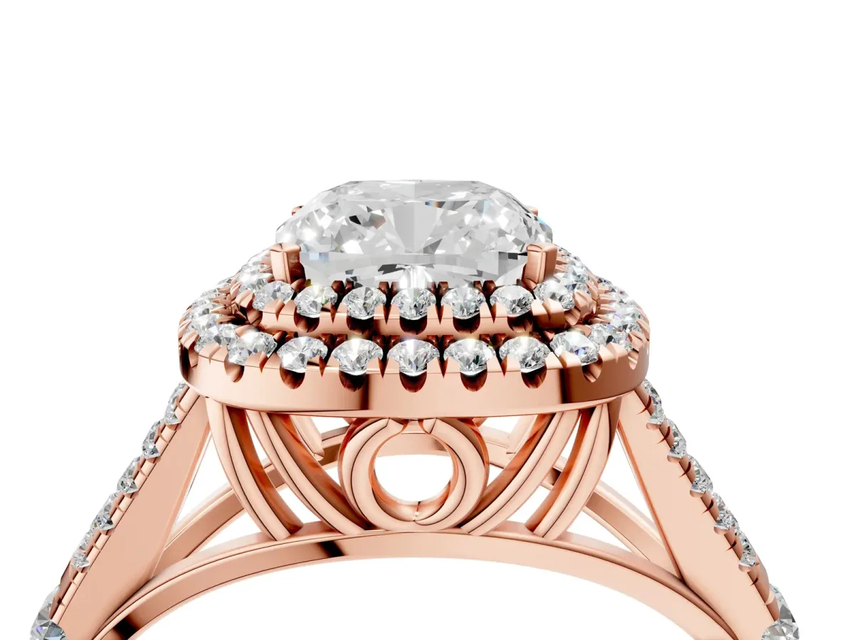 Cushion Cut Diamond Double Halo Ring with Split Shank and Prong Setting Rose gold