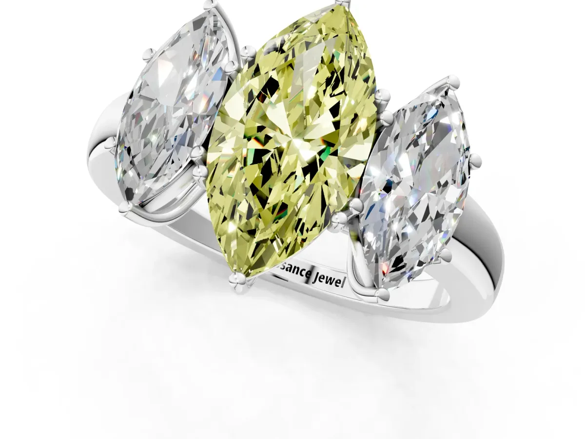 Fancy Yellow Marquise Cut Diamond Three-Stone Ring with Four-Prong Setting and Classic Band Platinum