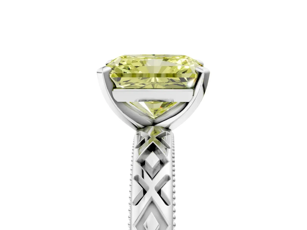 Fancy Yellow Radiant Cut Solitaire Diamond Ring with Milgrain and Black Enamel X Pattern Band Platinum