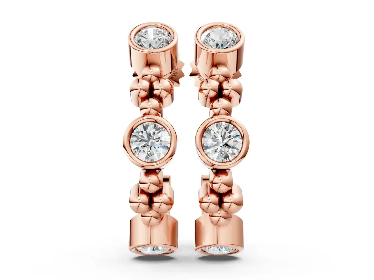 Bezel Set Round Diamond Beaded Hoop Earrings Rose gold
