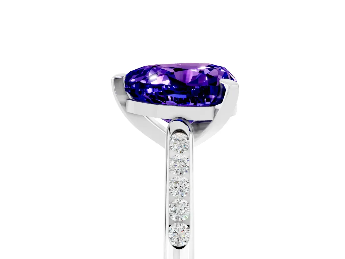 Heart Cut Tanzanite Solitaire Ring with Channel Set Round Band and Prong Setting Silver