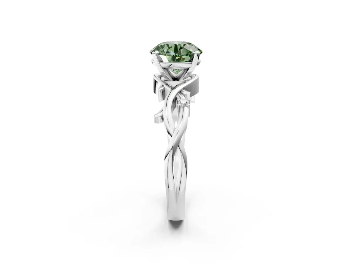 Fancy Green Round Cut Diamond Solitaire Ring with Twisted Band and Prong Setting Platinum