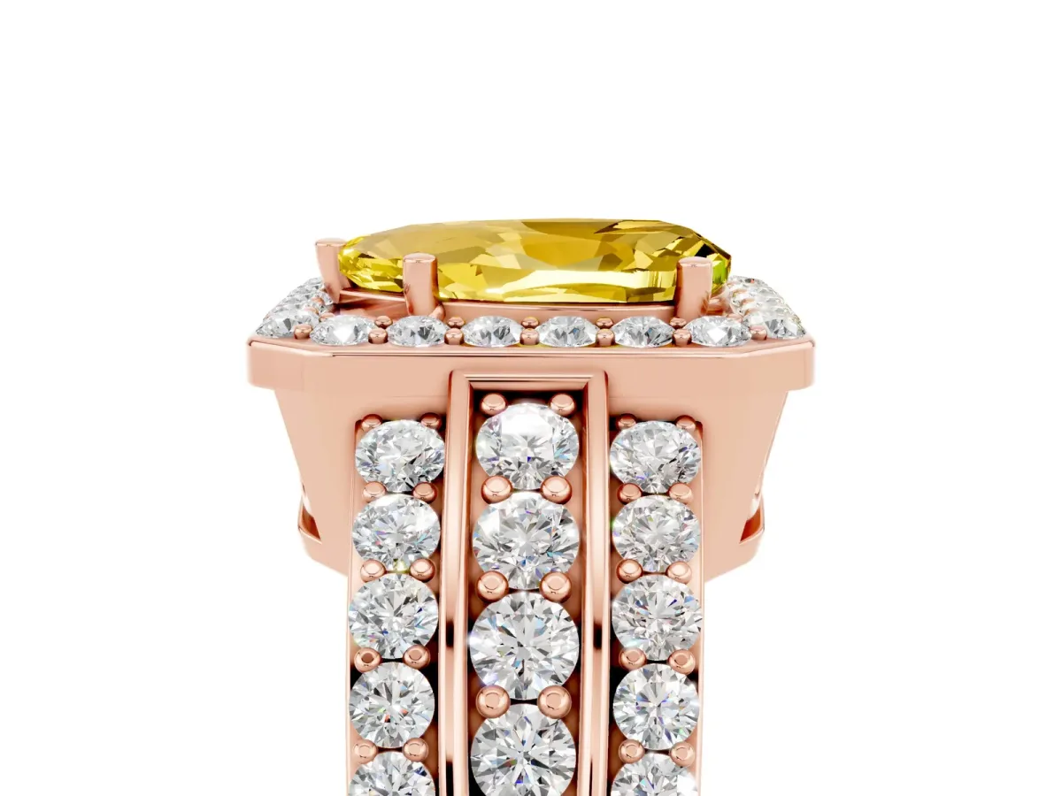 Pear Cut Halo Yellow Sapphire Ring with Round Split Shank and Prong Setting Rose gold