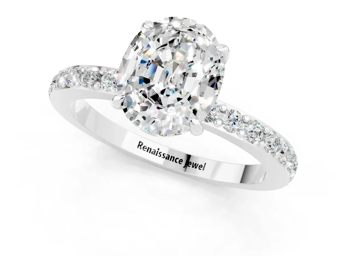 Oval Cut Moissanite Solitaire Engagement Ring with Pavé Band and Four-Prong Setting Silver