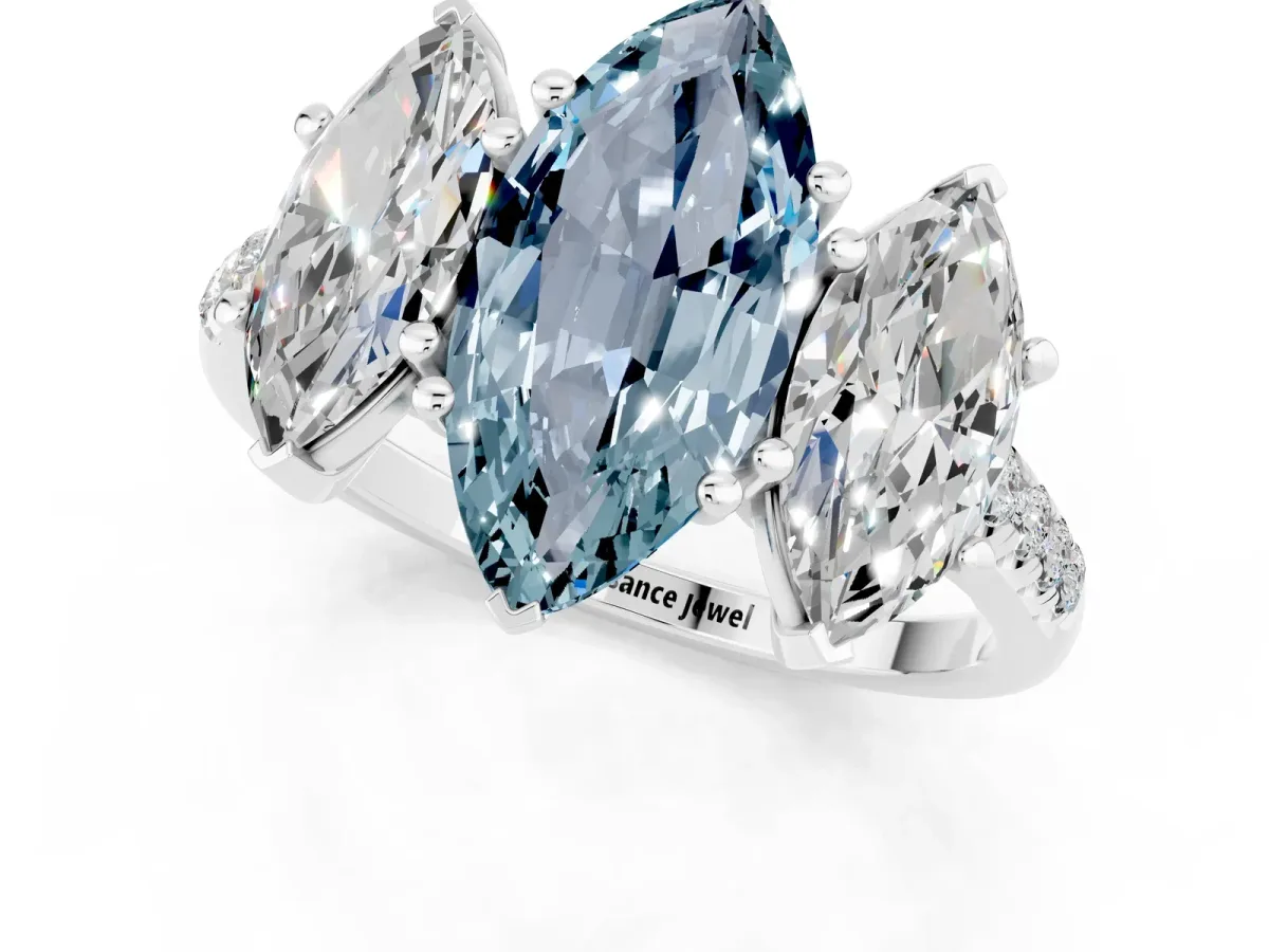 Three-Stone Marquise Cut Aquamarine Ring with Round Pavé Band and Prong Setting Silver