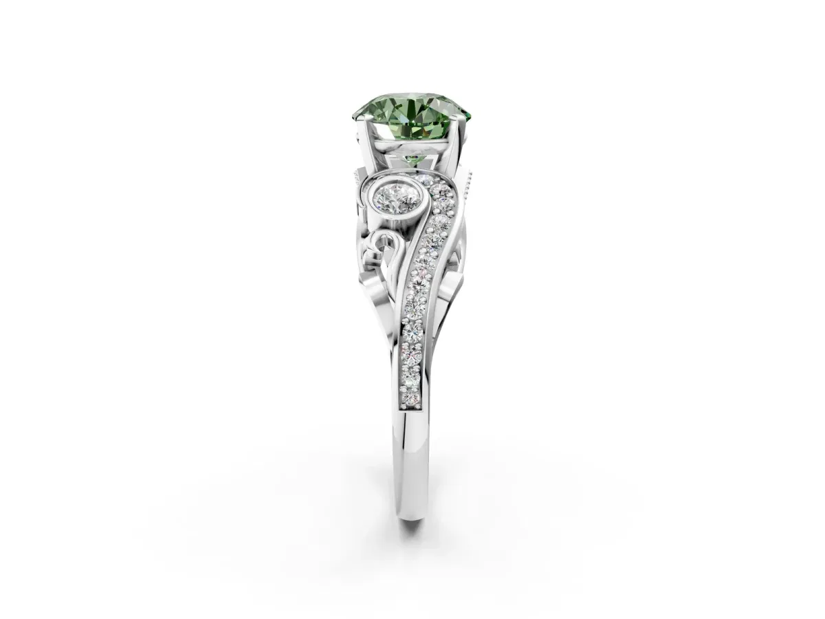 Fancy Green Round Cut Diamond Solitaire Ring with Milgrain Pavé Band and Four-Prong Setting Silver