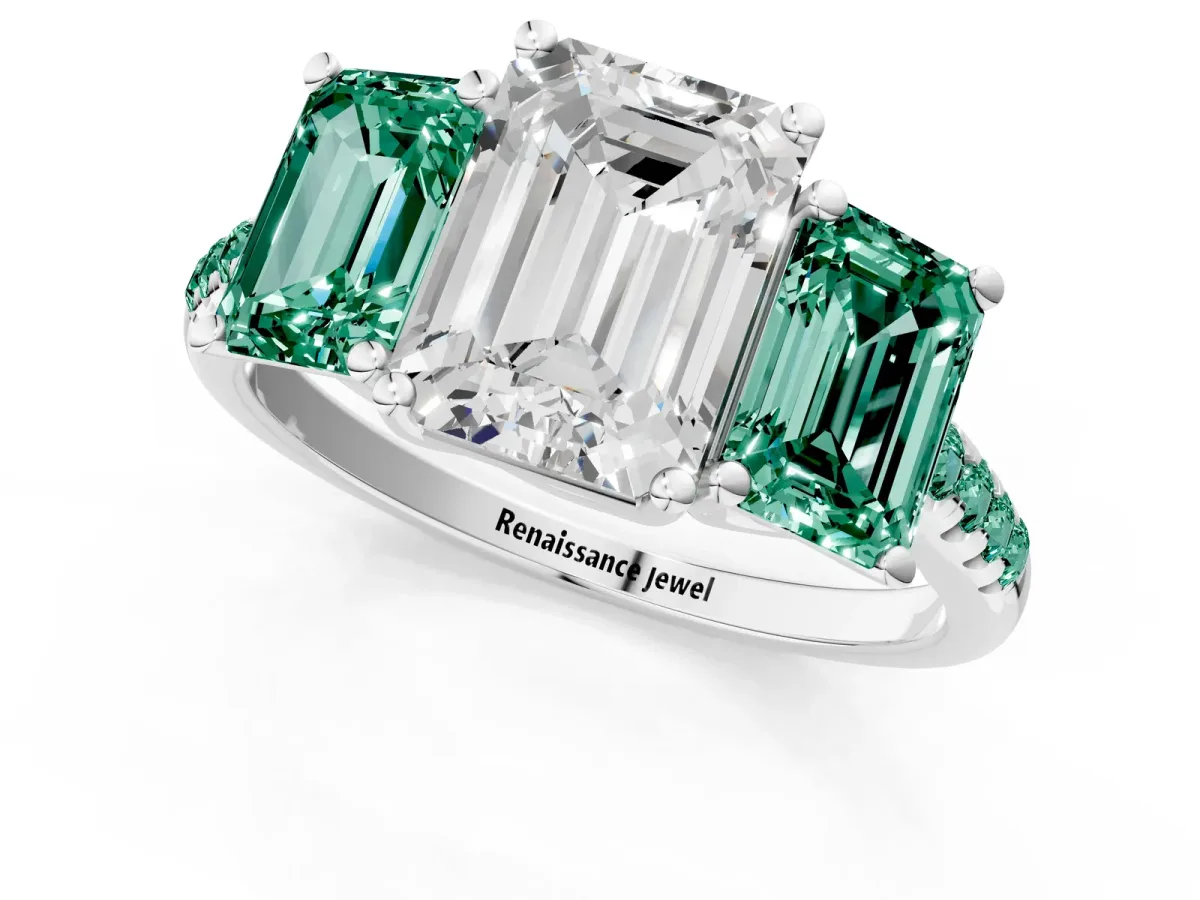 Three-Stone Emerald Cut Diamond Ring with Round Green Sapphire Pavé Band and Prong Setting Silver