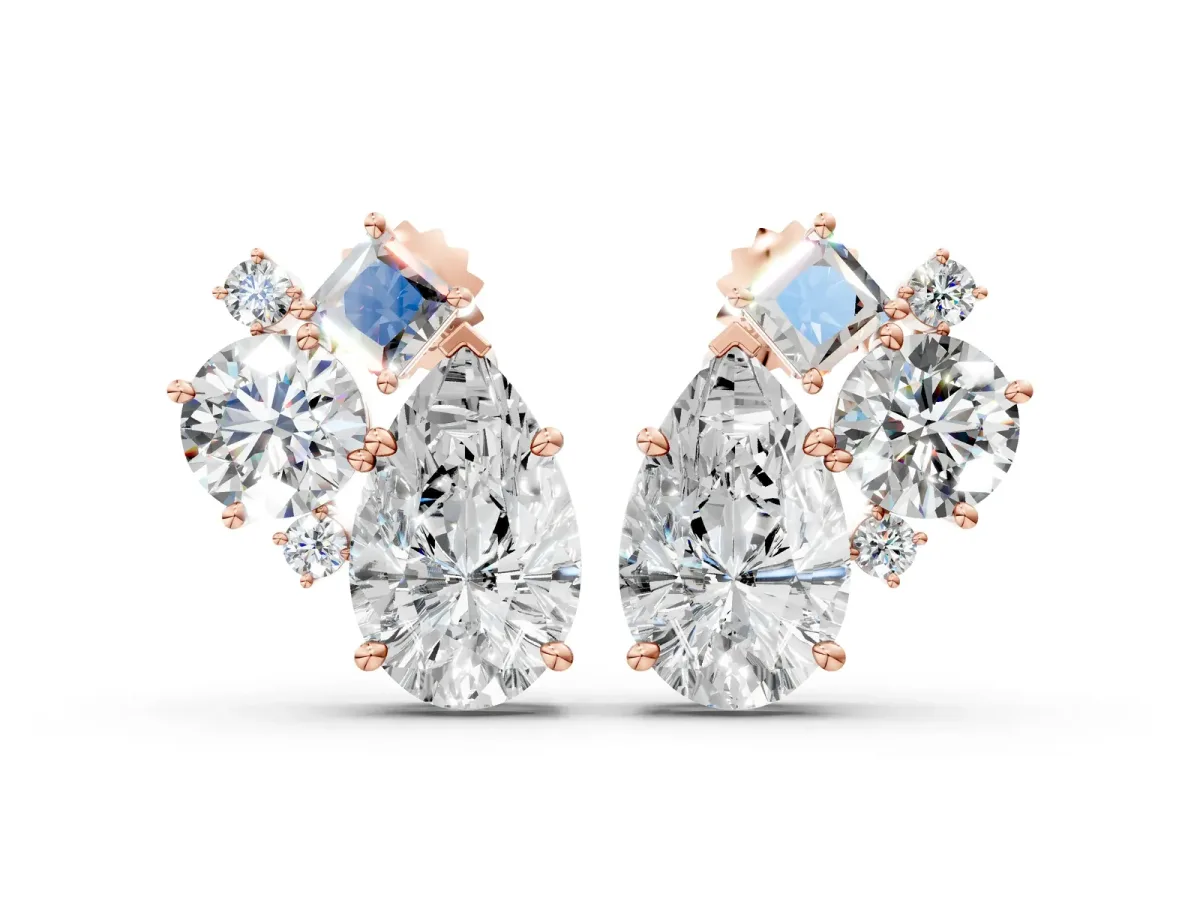 Multi-Shape Diamond Mosaic Five Stone Stud Earrings Rose gold