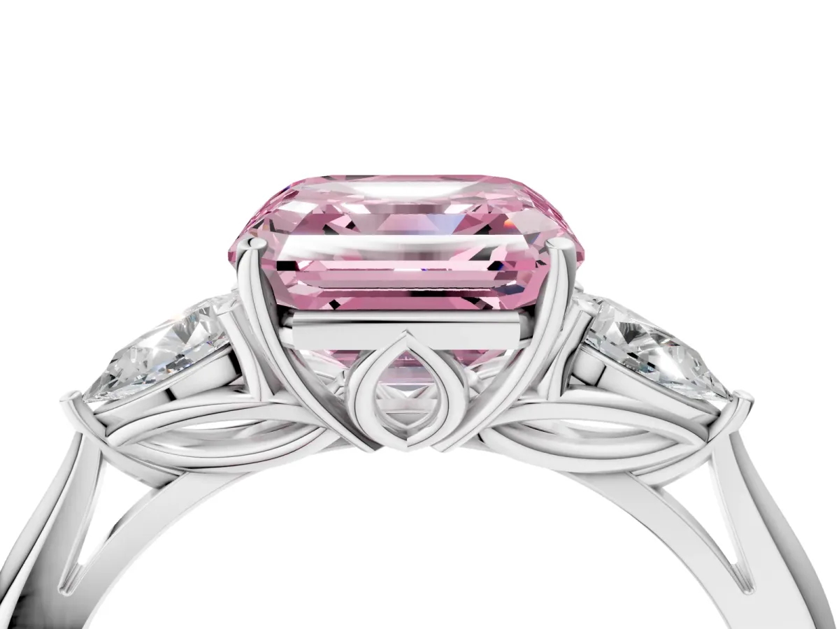 Fancy Pink Three-Stone Asscher Cut Diamond Ring with Pear Side Stones in Four-Prong Setting Platinum