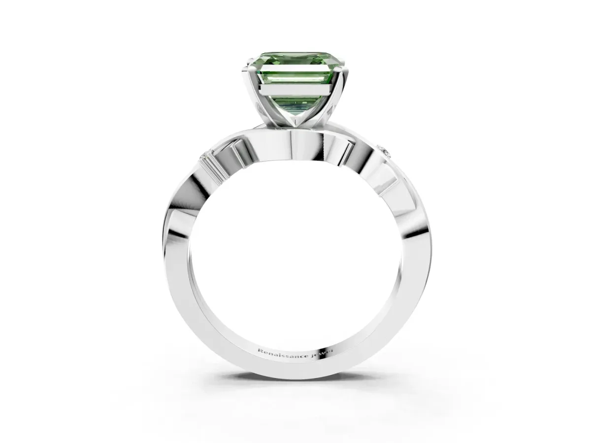 Fancy Green Asscher Cut Diamond Solitaire Ring with Twisted Band and Prong Setting Platinum