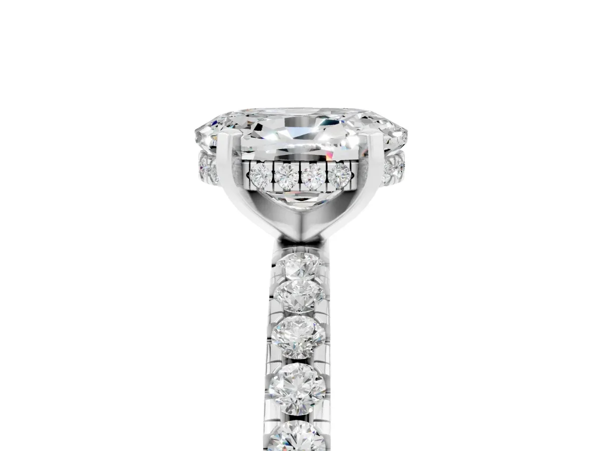 Oval Cut Moissanite Solitaire Ring with Round Pavé Band and Four-Prong Setting Silver