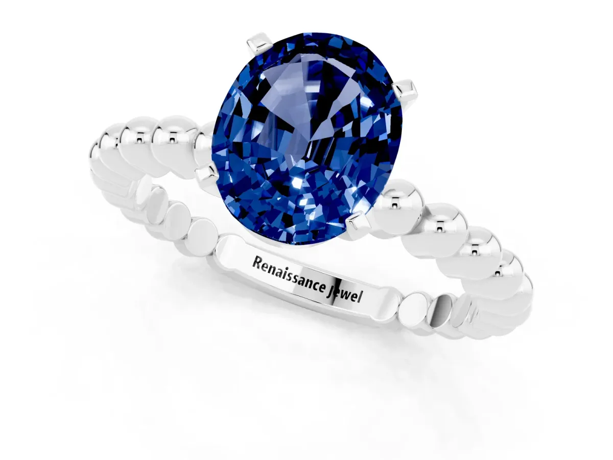 Oval Cut Blue Sapphire Solitaire Ring with Beaded Band and Prong Setting Silver