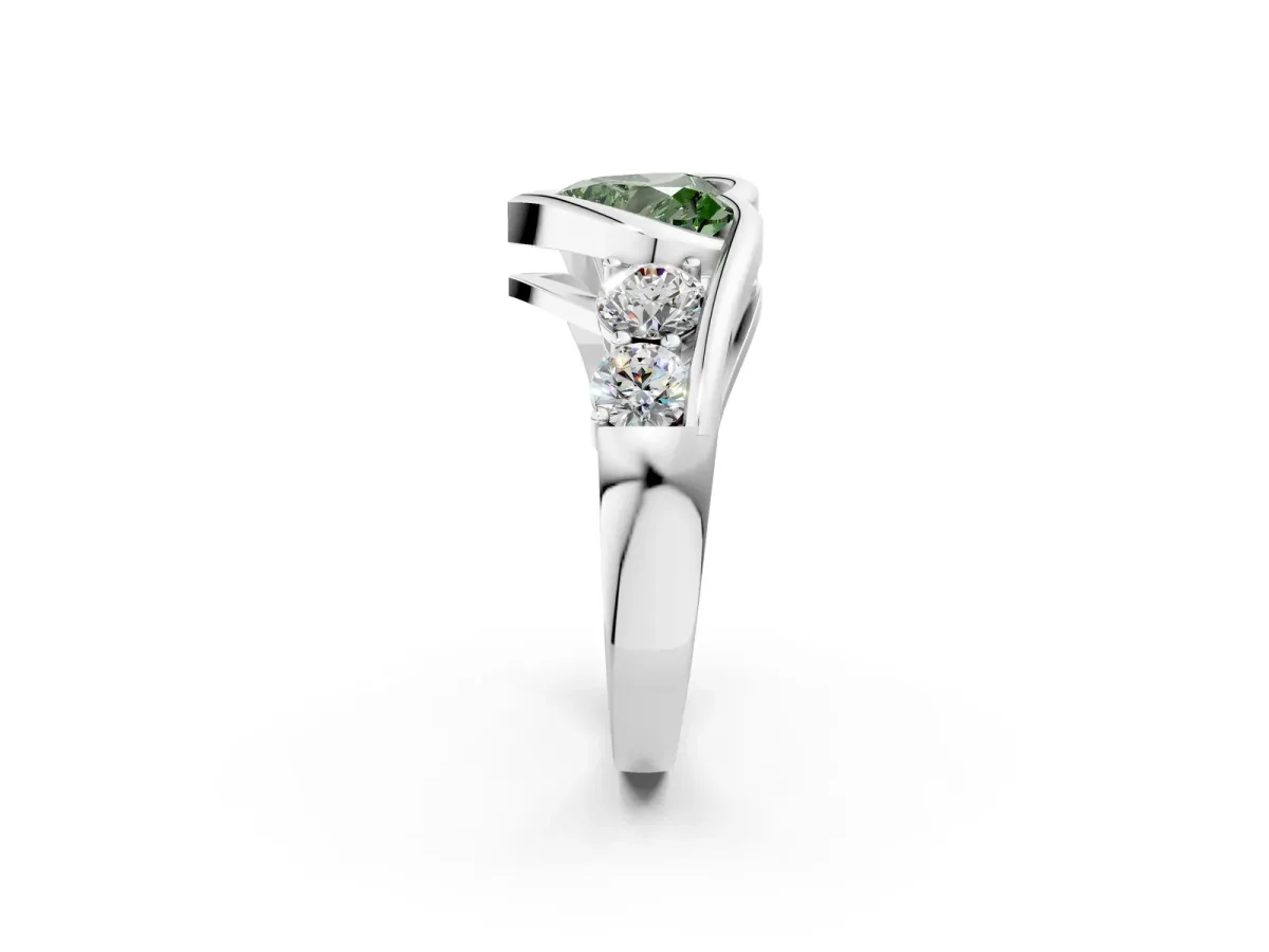 Fancy Green Bezel Set Heart Cut Diamond Bypass Ring with Round Accents Silver