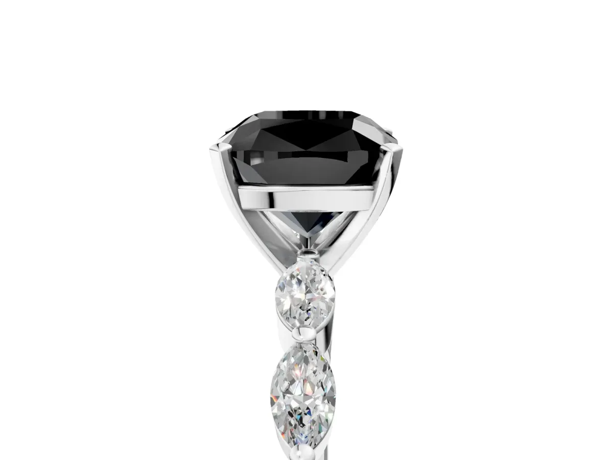 Fancy Black Cushion Cut Diamond Ring with Marquise Side Stones and Prong Setting Platinum