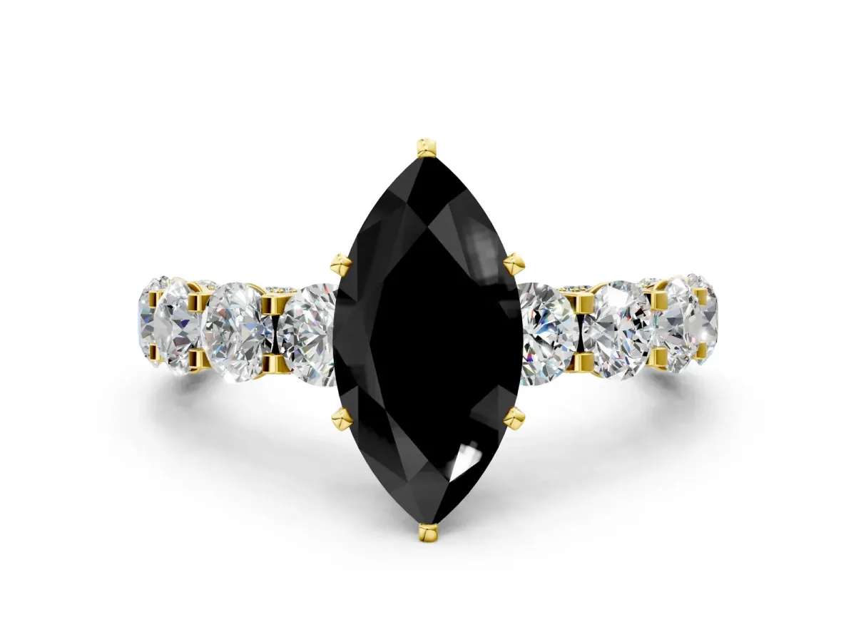 Fancy Black Marquise Cut Diamond Side Stone Engagement Ring with Four-Prong Setting Yellow gold